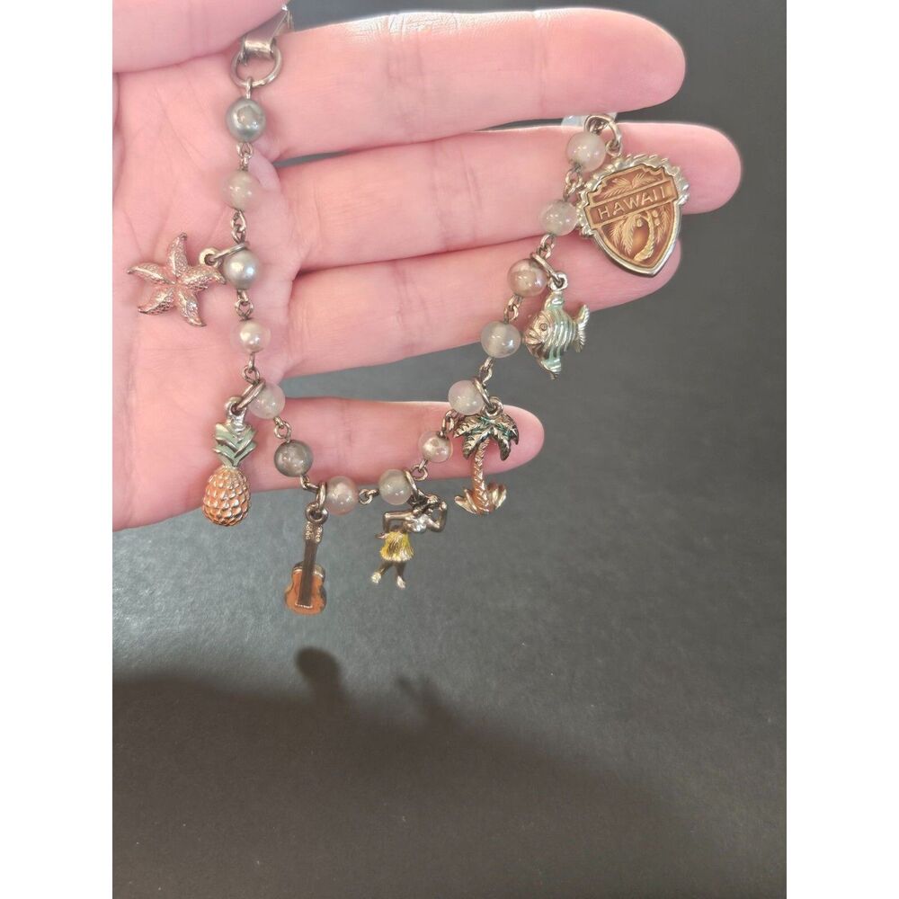 1950's Little Miss Brand Hawaii Charm Bracelet 6.5" Silver Tone Vintage